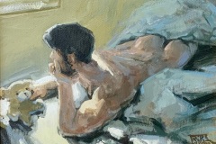 Robert C. Rore - Junger Mann mit Teddybär - 2022  Öl  19x24cm
