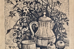 FRÜHLINGSBLUMER MIT KAFFEEKANNE  / 1991 / Holzschnitt   40,7  x  45  cm  WVZ. 216